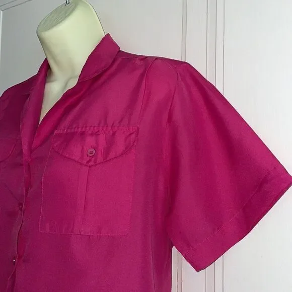 Vintage 80s Rikrak fuchsia pink polyester short sleeve button down shirt - Picture 4 of 8